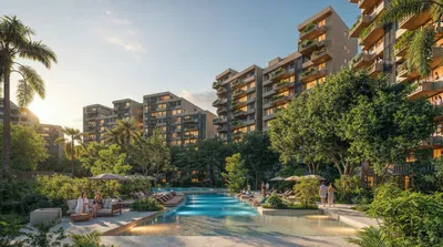 Torres con alberca a nivel de suelo en Punta Laguna, Playa del Carmen