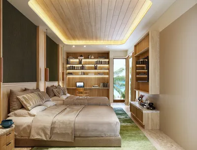 Recámara con acentos de madera en Saint Marine, Playa del Carmen