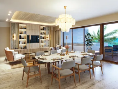 Área de comedor con lámpara y vista al océano en Saint Marine, Playa del Carmen