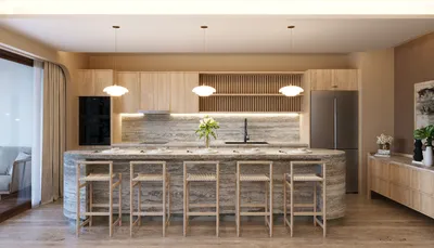 Cocina con isla en estilo moderno en Saint Marine, Playa del Carmen