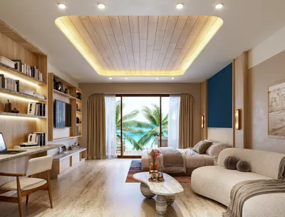 Sala con balcón y vistas a palmeras en Saint Marine, Playa del Carmen