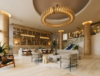 Sala y bar con lámpara circular en Saint Marine, Playa del Carmen