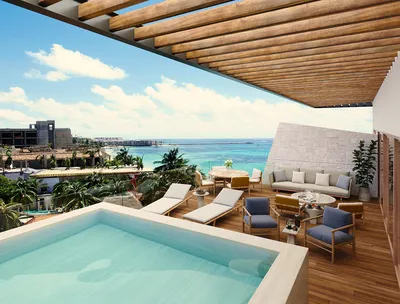 Terraza con alberca privada y vista al océano en Saint Marine, Playa del Carmen