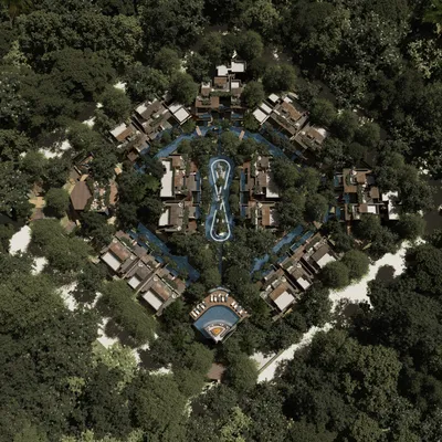 Aerial masterplan view of Siwa Elevé resort showing interconnected pools, villas, and jungle landscape in Tulum