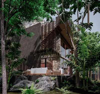 Stone villa exterior integrated into the jungle with natural materials at Siwa Elevé resort, Tulum