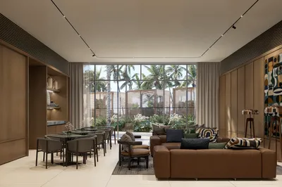 Living and dining lounge at SLS Ocean Beach Residences, Puerto Cancun