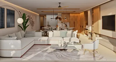Living room with white sectional sofa at The Residences at The St. Regis Costa Mujeres