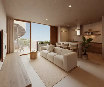 Living room with sofa and balcony at TOK Holbox