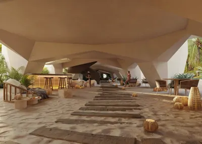 Lobby with canopy and stone seating at TOK Holbox