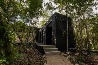 Angular dark villa exterior with sustainable architecture nestled in the Tulum jungle at Tree60