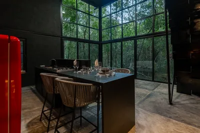 Modern kitchen and bar area with glass walls integrating the jungle environment at Tree60 off-grid luxury villa
