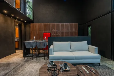 Contemporary living room with dark walls and natural materials surrounded by tropical jungle at Tree60 Tulum