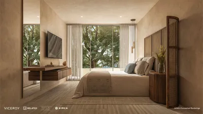 Recámara con panel de madera en Viceroy Residences Playa del Carmen