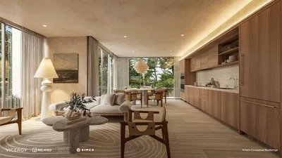 Sala y comedor con acabados de madera en Viceroy Residences Playa del Carmen